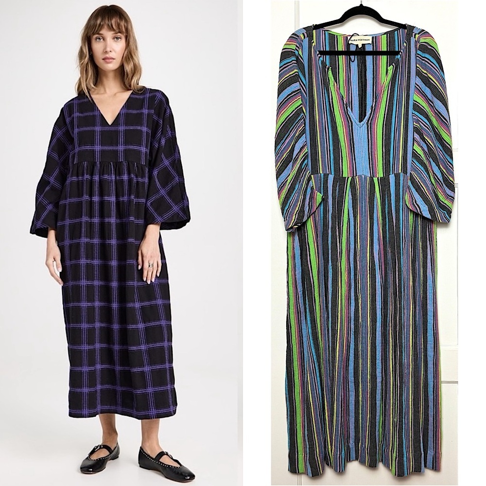 MARA HOFFMAN Colorful Stripe Crinkled Hemp V-Neck Oversized Kaftan Maxi Dress S